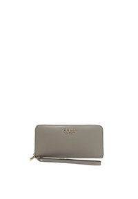 Portafoglio sintetico grigio con chiusura a zip, hardware dorato e logo del marchio impresso. Presenta una tracolla e una forma rettangolare elegante.