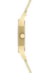 Orologio in metallo dorato con cassa rettangolare, dotato di una finitura texturizzata e una corona circolare, fissato a un bracciale a maglie.