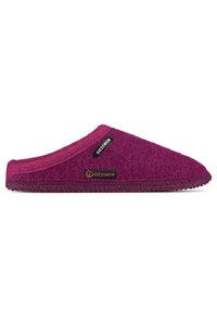 Paarse vilten pantoffel met een gesloten hiel, gebogen bovenrand en een textuur rubberen zool. Beschikt over een logosticker aan de zijkant.