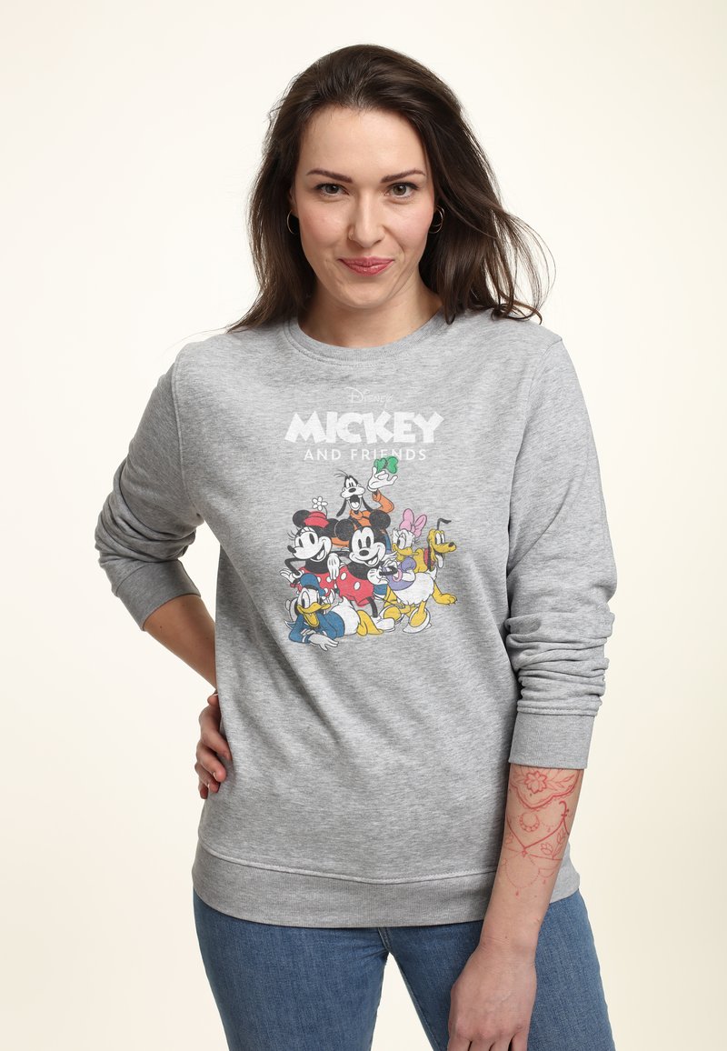 Šedá mikina s barevným potiskem "Mickey a přátelé". Dlouhé rukávy s žebrovanými manžetami a kulatým výstřihem.