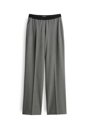 Gray wide-leg trousers with black elastic waistband and side pockets, displayed flat on a white background.