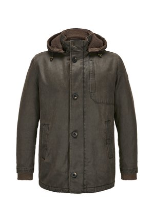Dunkelgrüne Winterjacke mit Kapuze, Knopfverschluss, Fronttaschen und gerippten Bündchen, gezeigt vor weißem Hintergrund.