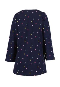Abito a maniche lunghe in tessuto blu navy con motivo a stelle in rosa, giallo e verde. Morbida texture con scollatura rotonda e polsini rifiniti.
