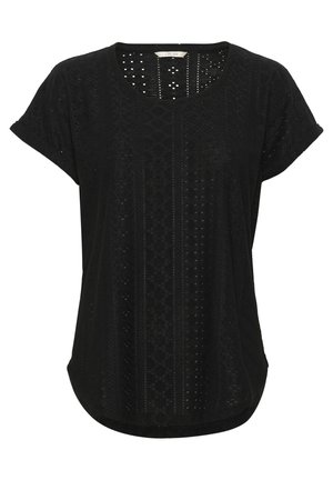 Top scurt negru cu mânecă scurtă, având un model texturat cu decupaje și o margine rotunjită, confecționat dintr-un material ușor.