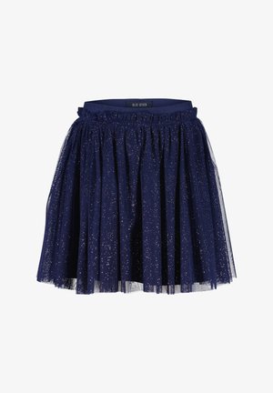 Marineblauer Tüllrock mit einem gerafften Taillenbund, durchgehend mit einem glitzernden Muster versehen. Der Saum hat ein mehrlagiges, strukturiertes Finish.