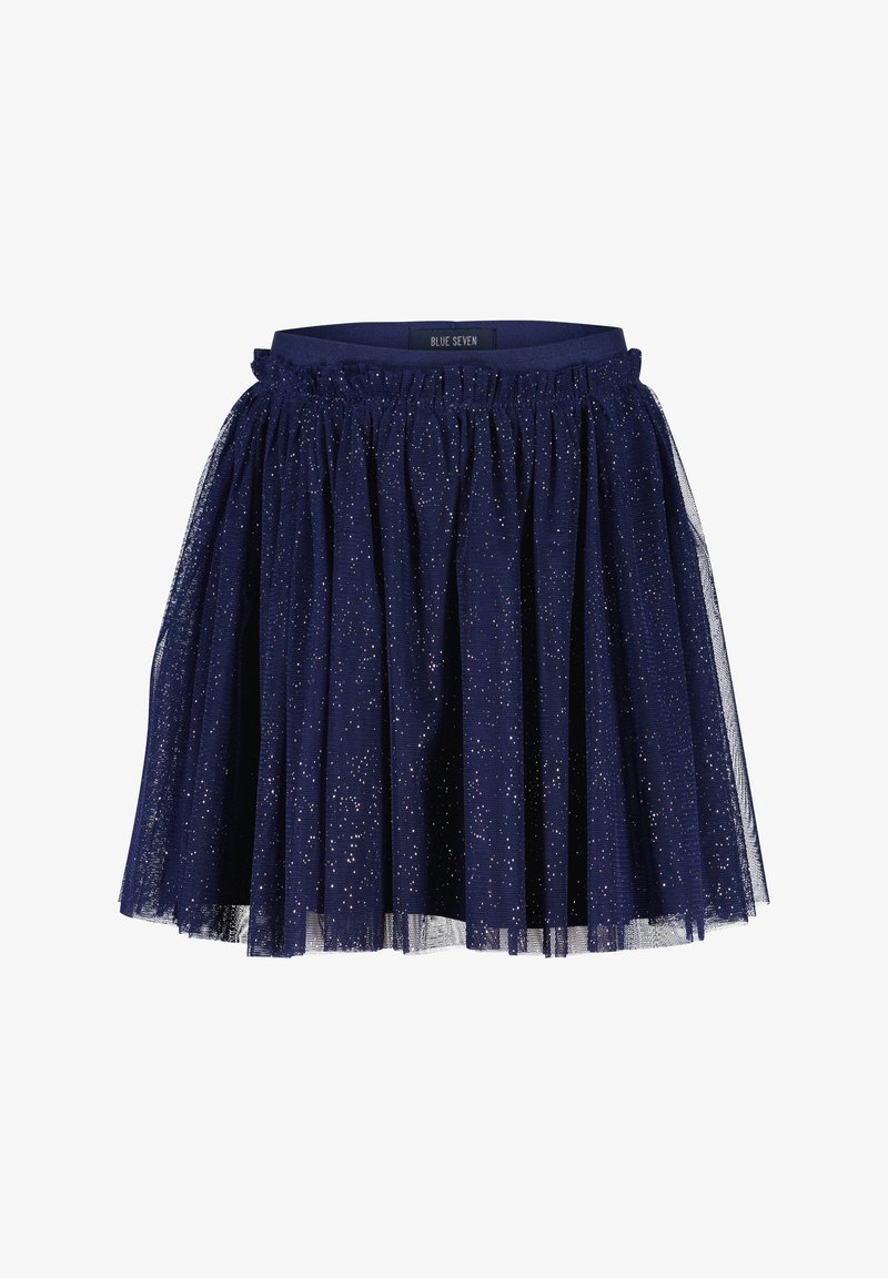 Jupe en tulle bleu marine avec une taille froncée, présentant un motif scintillant sur toute la surface. L'ourlet a une finition superposée et texturée.