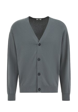 Pilkas V formos kaklo megztinis su ilgomis rankovėmis, su ribbingu apnuogintomis rankogalių ir apačios dalimis bei keturiais juodais mygtukais priekyje.