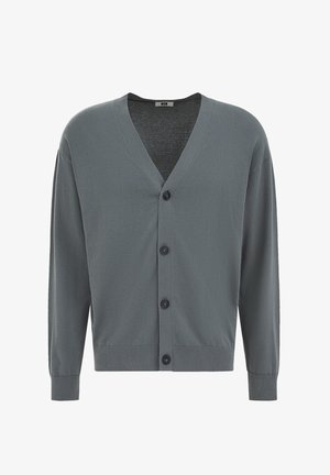Cardigan grigio con scollo a V, maniche lunghe, polsini e orlo a coste, e quattro bottoni neri sul davanti.