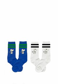 Blaue und weiße Socken mit Design von Cartoon-Charakteren. Die blauen Socken haben grüne Streifen und das Bild eines Charakters; die weißen Socken haben schwarze Streifen.