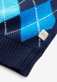 Tumesinine kootud sviiter, millel on sinine ja helesinine argyle muster, soonikkoes varrukad ning väike kudumine brändi silt küljel.