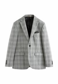 Blazer a cuadros grises con solapa muesca, dos bolsillos frontales y un bolsillo en el pecho. Presenta un interior texturizado y cierres de botón.