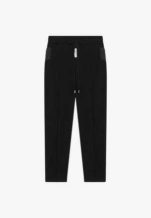 Pantaloni sportivi neri a gamba stretta con vita elastica, coulisse nera con punte metalliche e tasche laterali scure.