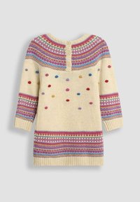 Maglione lavorato a maglia crema con scollo rotondo, caratterizzato da motivi colorati e pompon in rosso, giallo, blu e viola. Chiusura posteriore con tre bottoni.