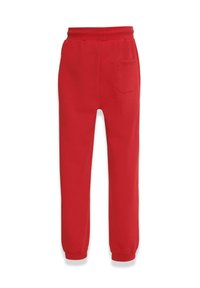 Rote Baumwoll-Sweatpants mit einem elastischen Bund, gerippten Knöchelbündchen und einer einzelnen Gesäßtasche. Glatte Textur, lässige Passform.