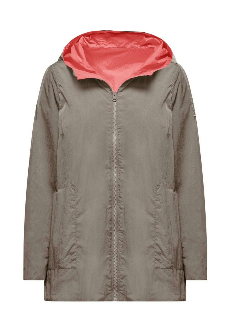 Giubbotto khaki resistente all'acqua con cappuccio interno corallo, zip frontale, due tasche laterali e una vestibilità rilassata con maniche lunghe.