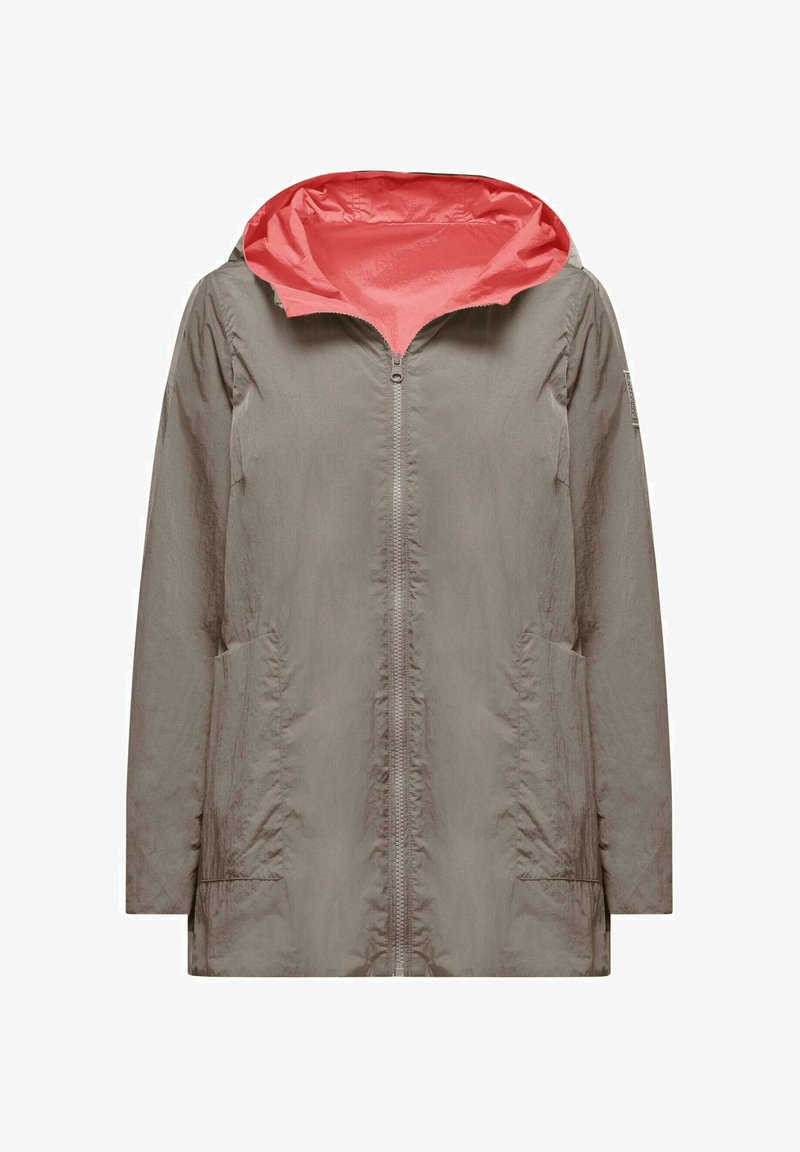 Giubbotto khaki resistente all'acqua con cappuccio interno corallo, zip frontale, due tasche laterali e una vestibilità rilassata con maniche lunghe.