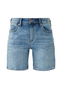 Short en denim bleu avec bouton et fermeture éclair à l'avant, passants pour ceinture et style cinq poches, présenté sur fond blanc.