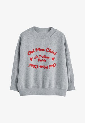 Grå sweatshirt med rød fransk tekst "Oui Mon Chéri Je T'Aime Paris" og to hjerter, ribbet halsudskæring, manchetter og kant.