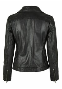 Schwarze Lederjacke mit klassischem Kragen, taillierter Passform und Reißverschlussdetails an den Ärmelbündchen. Glatte Textur mit abgesteppten Akzenten.