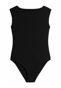 Body nero senza maniche con scollo a giro alto e chiusure a scatto all'inguine, esposto piatto su sfondo bianco.