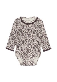 Långärmad body för spädbarn i mjukt tyg; har ett lila blommönster på en krämfärgad bakgrund, med volangdetaljer vid halsringningen och ärmarna.