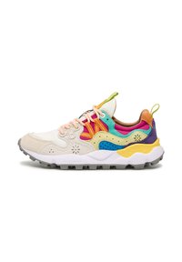 Multicolor sneaker featuring a mix of materials, including suede and mesh. Design includes various panels in yellow, pink, blue, and gray.