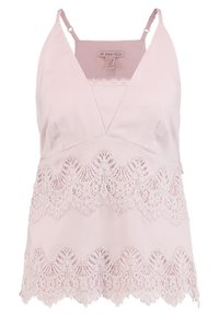 Light pink camisole made of soft fabric, featuring a scalloped lace hem and adjustable straps, with a V-neck design and no embellishments.