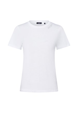 Biała koszulka z krótkim rękawem wykonana z bawełny, z okrągłym dekoltem i małym logo w jasnoszarym kolorze na górnej lewej stronie.