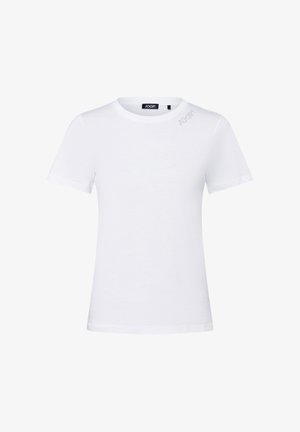 Biała koszulka z krótkim rękawem wykonana z bawełny, z okrągłym dekoltem i małym logo w jasnoszarym kolorze na górnej lewej stronie.