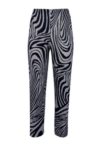 Zwart-witte, gestreepte legging met ribbeltextuur en een elastische tailleband; voorzien van draaivormen in abstracte lijnen.