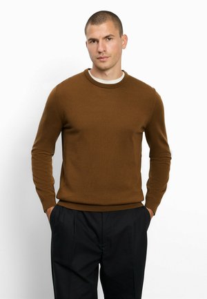 Uomo con capelli corti che indossa un maglione marrone a girocollo sopra una camicia bianca e pantaloni neri, in piedi con le mani in tasca davanti a uno sfondo bianco.