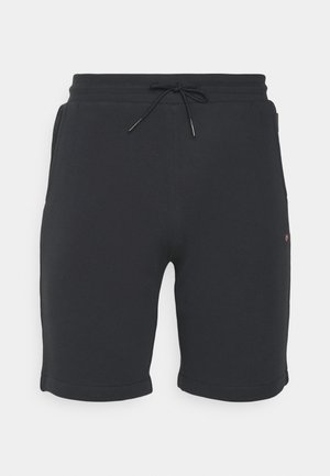 Black casual shorts with elastic waistband and drawstring, side pockets, and small flag logo on right thigh.