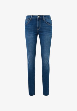 Jean denim bleu slim-fit avec poches avant, passants de ceinture et fermeture par bouton, présenté sur fond blanc.