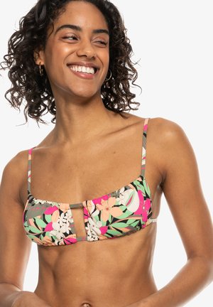 Bloemenbikini-top met dunne banden, voorzien van roze, groene en witte patronen; textuurstof met uitsnijding in het midden.