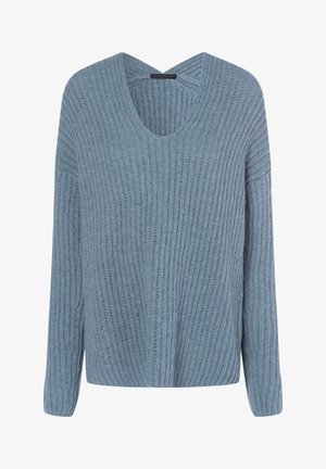 Maglione azzurro chiaro in maglia con scollo a V e maniche lunghe. Presenta un motivo a coste strutturato e una vestibilità comoda.