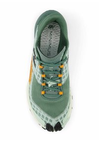 Green athletic shoe featuring a breathable mesh upper, textured pattern, orange lace accents, and a cushioned sole with black traction.
