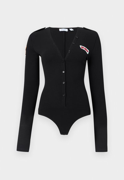 Body manches longues noir à boutons avec un décolleté en V, des épaulettes et un petit patch rouge et blanc « Off-White » sur la poitrine gauche.