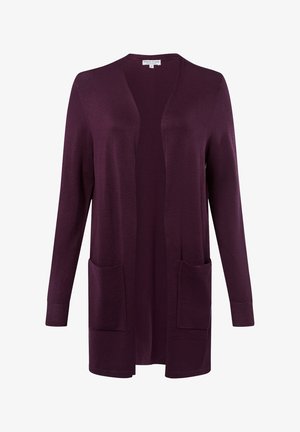 Open-front cardigan in deep purple knit fabric. Features long sleeves and two front pockets. Smooth texture with ribbed cuffs.