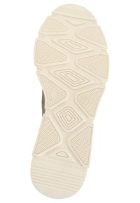 Suola di una sneaker caratterizzata da un design in gomma bianca testurizzata con motivi geometrici e un bordo segmentato per la trazione.