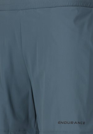 Blaue Sportshorts aus leichtem, glattem Stoff mit einem dezenten Glanz. Mit einem schwarzen "ENDURANCE"-Logo in der Nähe des Saums.
