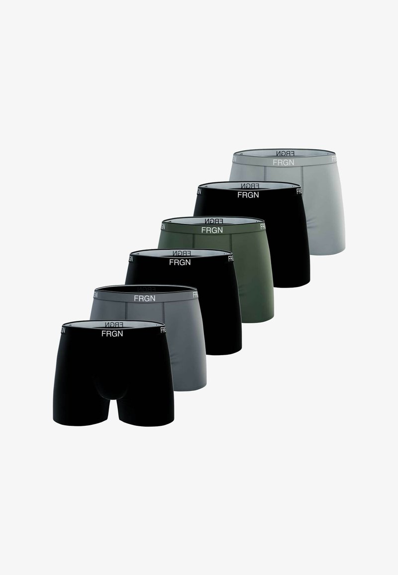 Six paires de boxers pour hommes en plusieurs couleurs : noir, gris et vert olive. Confectionnés dans un tissu lisse avec une ceinture élastique portant le logo "FRGN".