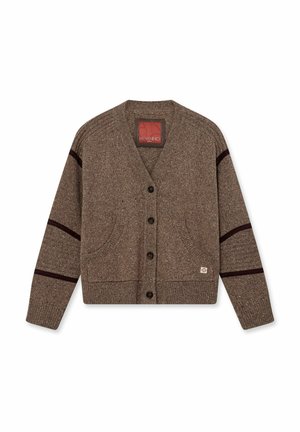 Brown knitted cardigan with a v-neck, button closure, two front pockets, and dark maroon stripes across the arms. Textured fabric.