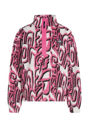 Fleece genser med halv glidelås i rosa og hvitt, med dristige svarte abstrakte mønstre og en liten logo på brystet. Myk tekstur.