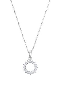 Srebrny naszyjnik z okrągłym medalionem, w którym znajduje się skupisko okrągłych, błyszczących kamieni osadzonych w teksturowanym, otwartym designie.