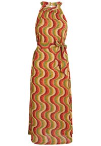 Halterkleid aus gemustertem Stoff mit wellenförmigen Linien in Rot, Grün und Gelb. Mit geknotetem Taillen-Detail, knöchellang und strukturiertem Material.