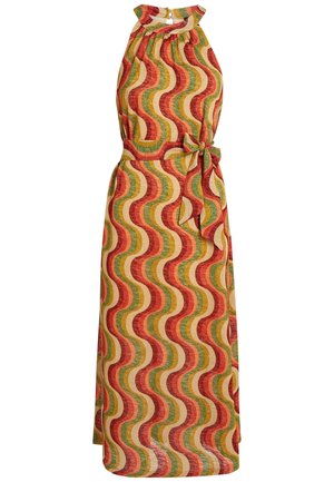 Halterkleid aus gemustertem Stoff mit wellenförmigen Linien in Rot, Grün und Gelb. Mit geknotetem Taillen-Detail, knöchellang und strukturiertem Material.