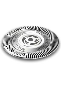 Outil de toilettage circulaire en argent avec un bord texturé, une inscription gravée et un design circulaire au centre. Comprend des trous pour une utilisation précise.