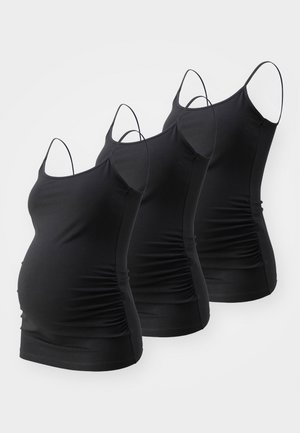 Tre svarte ammetanker, med justerbare spaghetti-stropper, sidefolding for komfort, og et glatt, elastisk stoff.