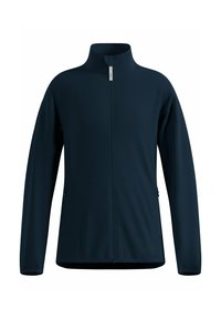 Marineblaues Langarmjacke mit hohem Kragen, durchgehendem Reißverschluss und seitlichen Reißverschlusstaschen, auf weißem Hintergrund präsentiert.