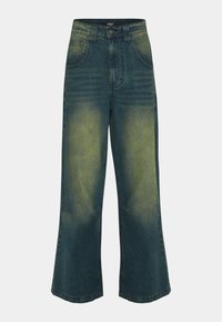 Džínsy s širokými nohavicemi a vysokým pasem v tmavě modrém denim s vybledlými zelenými akcenty. Obsahují klasický design s pěti kapsami a poutky na opasek.